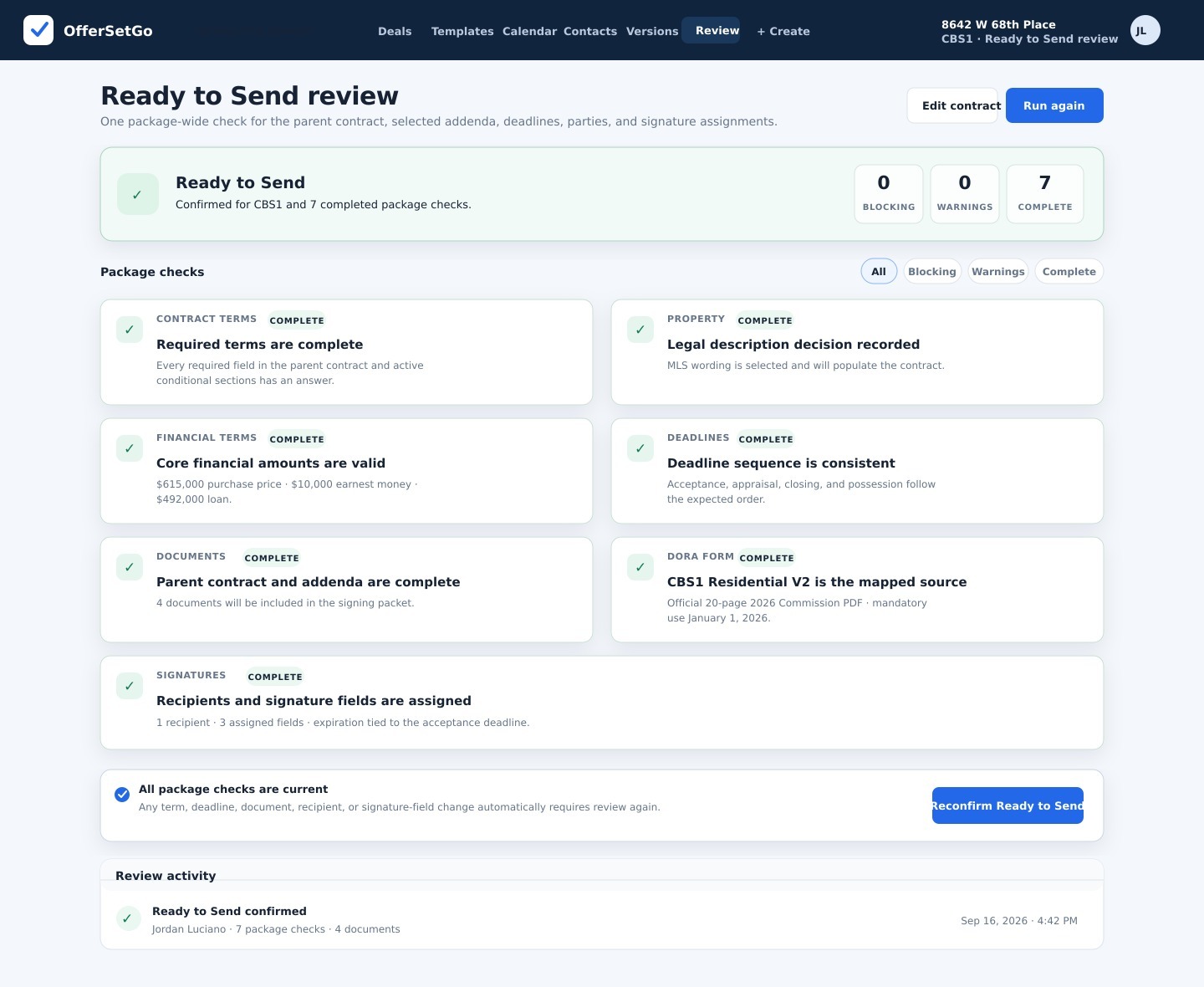 OfferSetGo Ready to Send review showing package checks